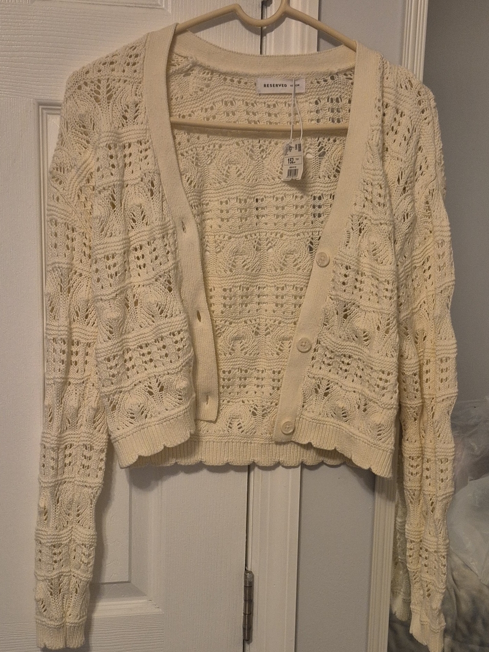 Reserved Ivory Openwork Cropped Button Cardigan